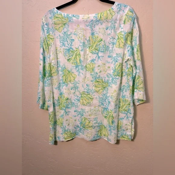 J Jill MEDTurtle 100% Linen 3/4 Sleeve Blouse tropical resortwear beach coastal - Picture 3 of 8